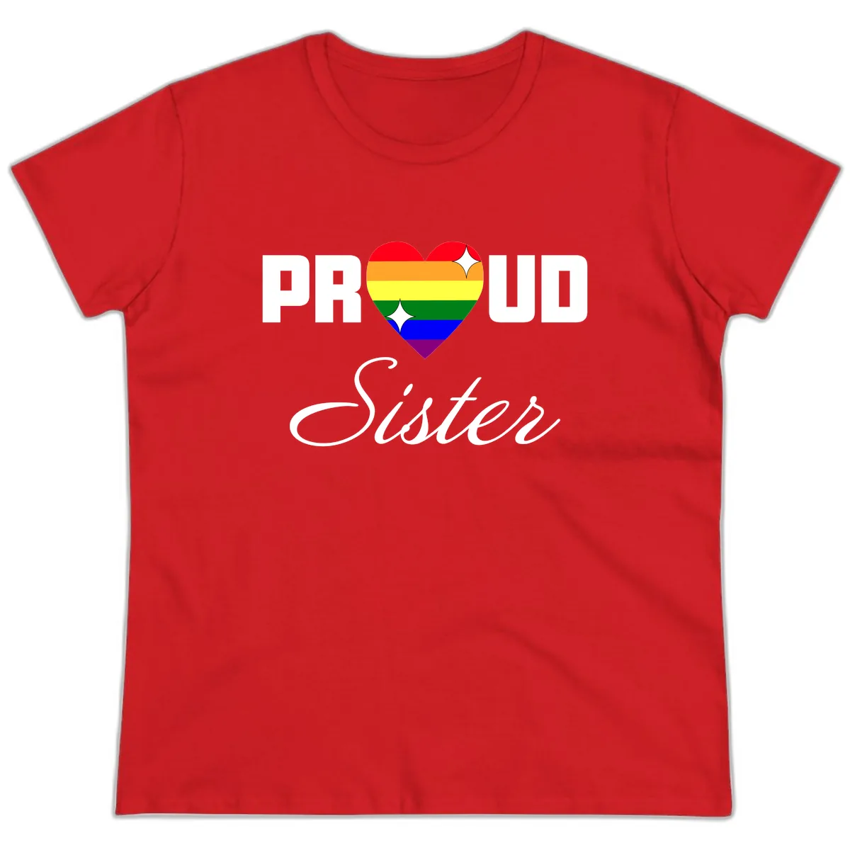 Proud Sister Rainbow Heart Ladies Tee in Red