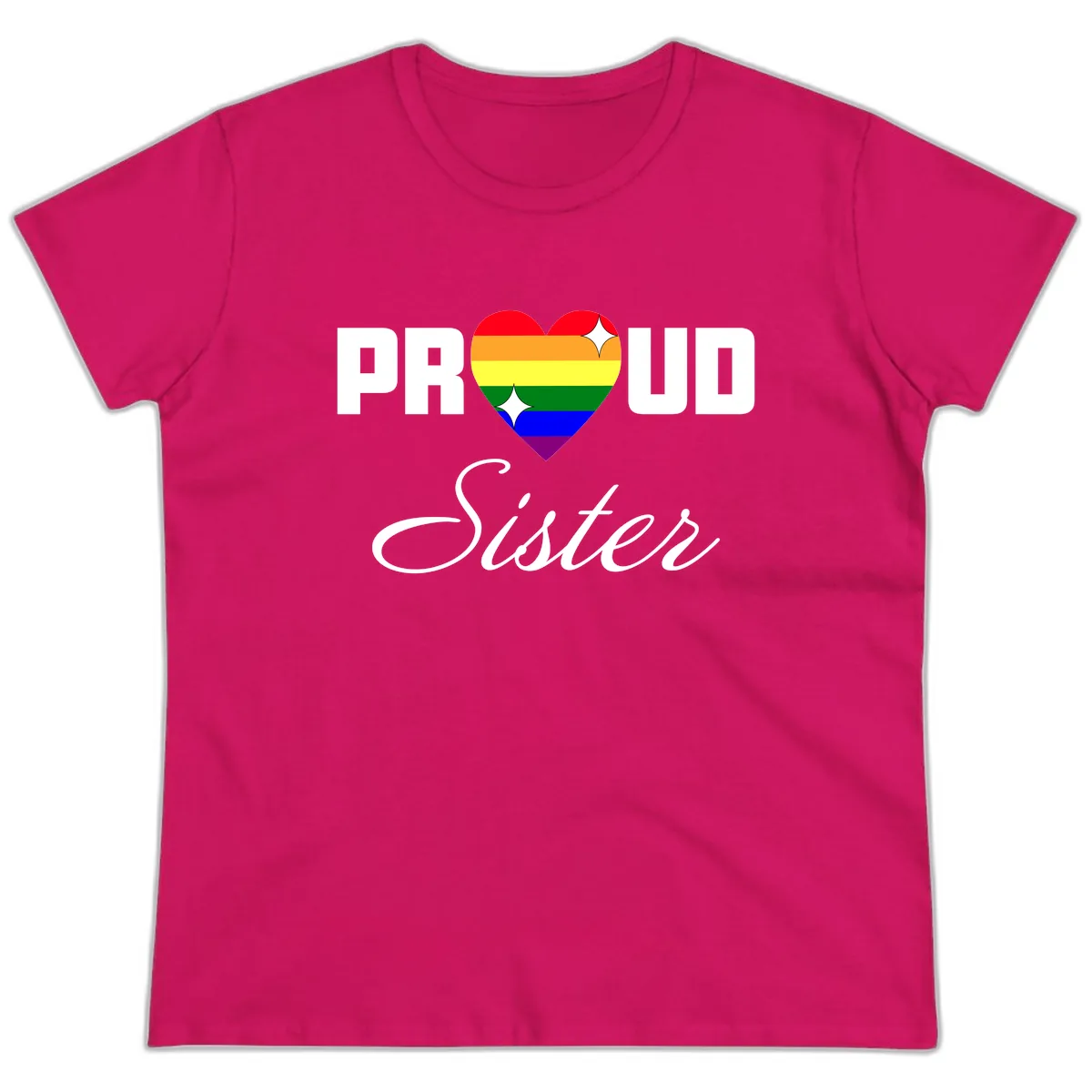 Proud Sister Rainbow Heart Ladies Tee in Heliconia