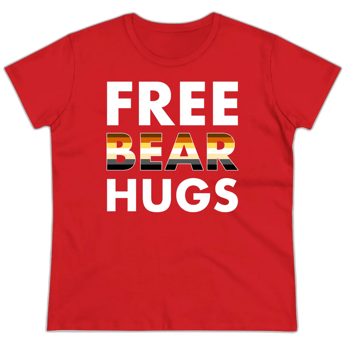 Free Bear Hugs Pride Flag Design Ladies Tee in Red