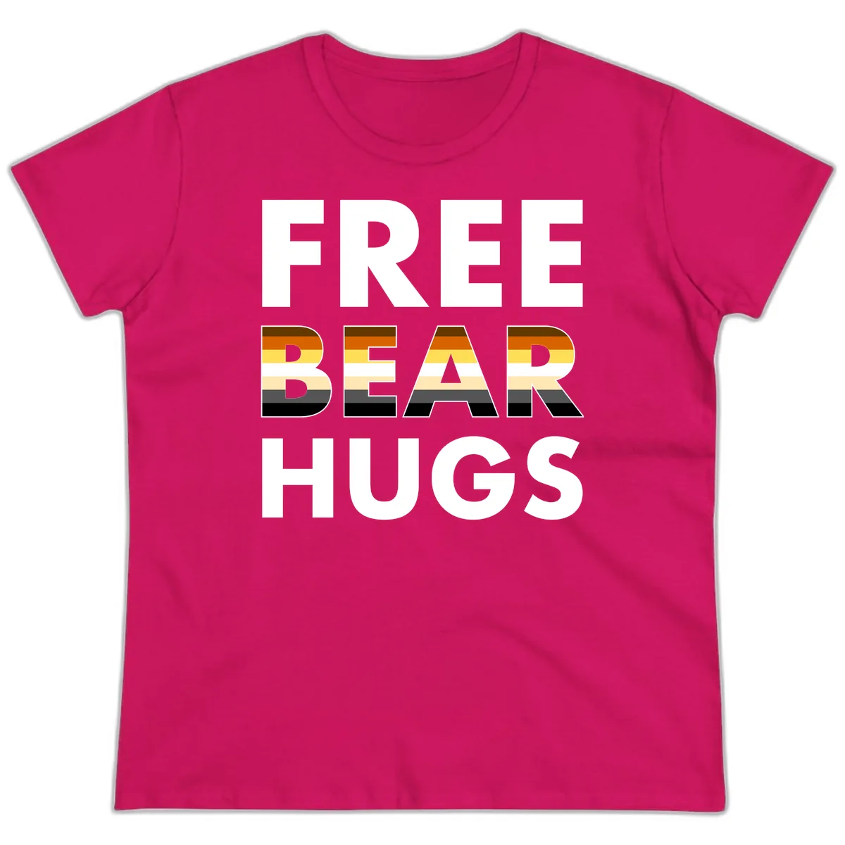Free Bear Hugs Pride Flag Design Ladies Tee in Heliconia