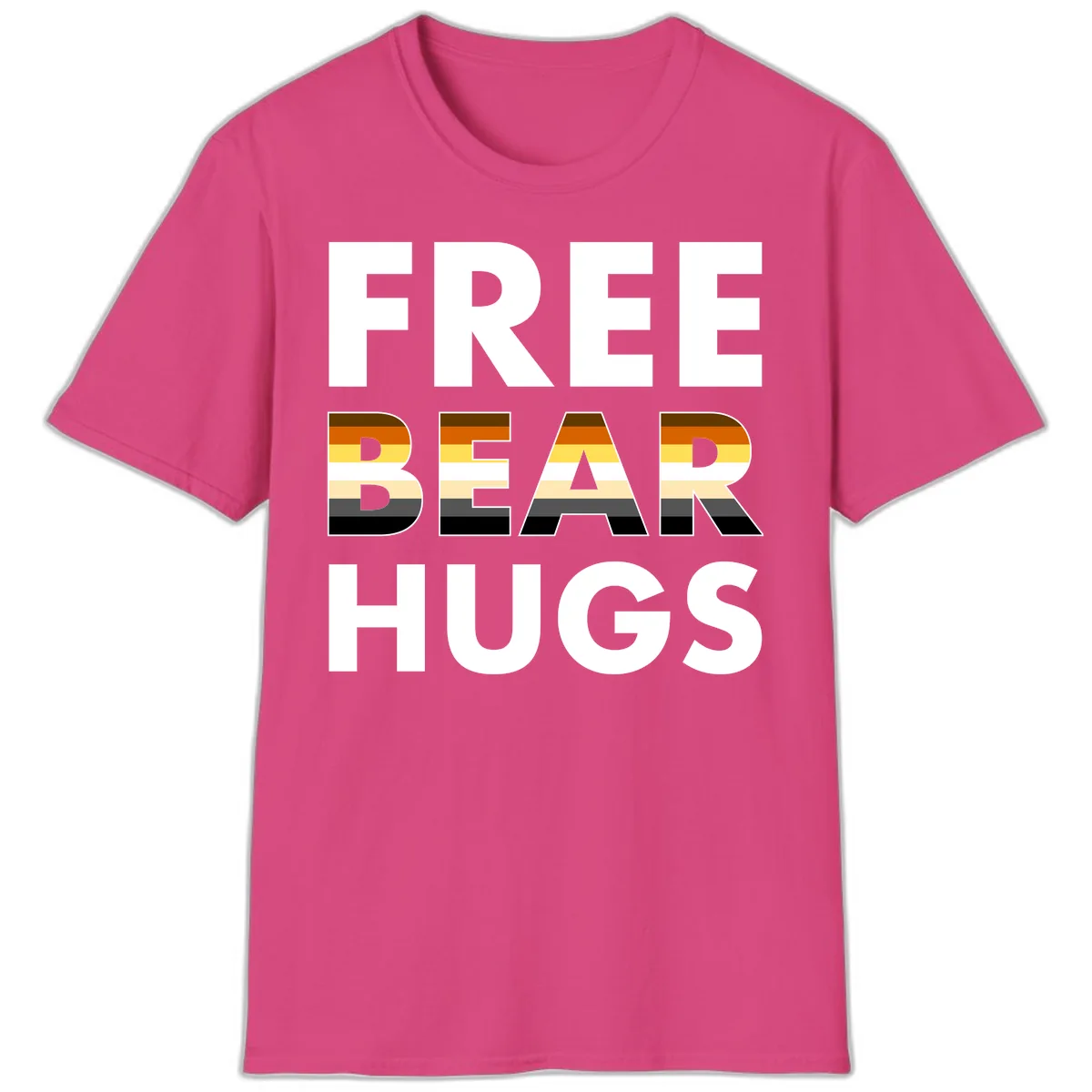 Free Bear Hugs Pride Flag Design T-Shirt in Heliconia