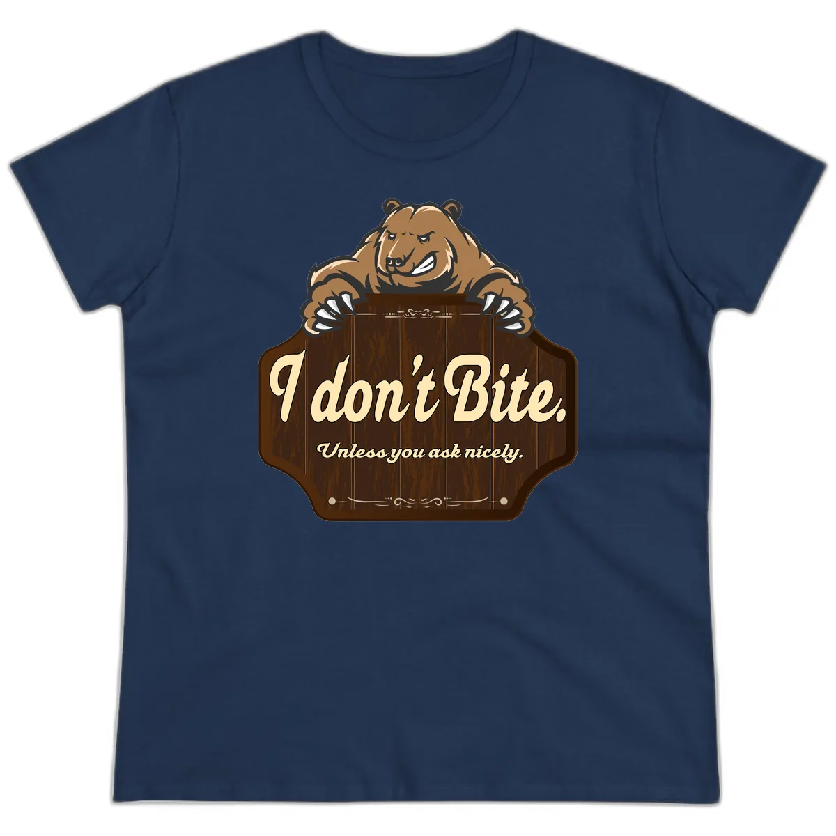 I Don't Bite Bear Ladies Tee in Navy