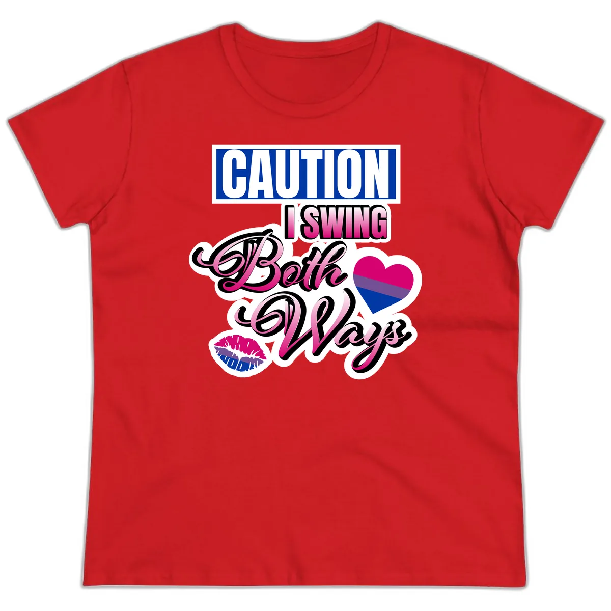 Caution Swing Both Ways Ladies Tee in Red