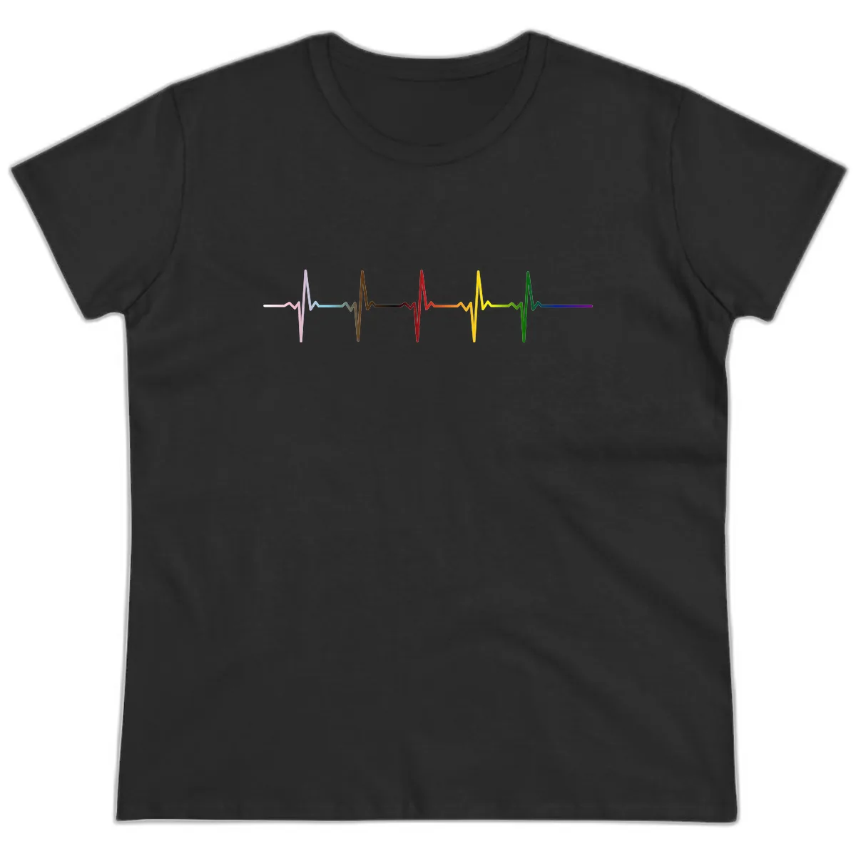 Rainbow Heartbeat Pride Pulse Ladies Tee in Black