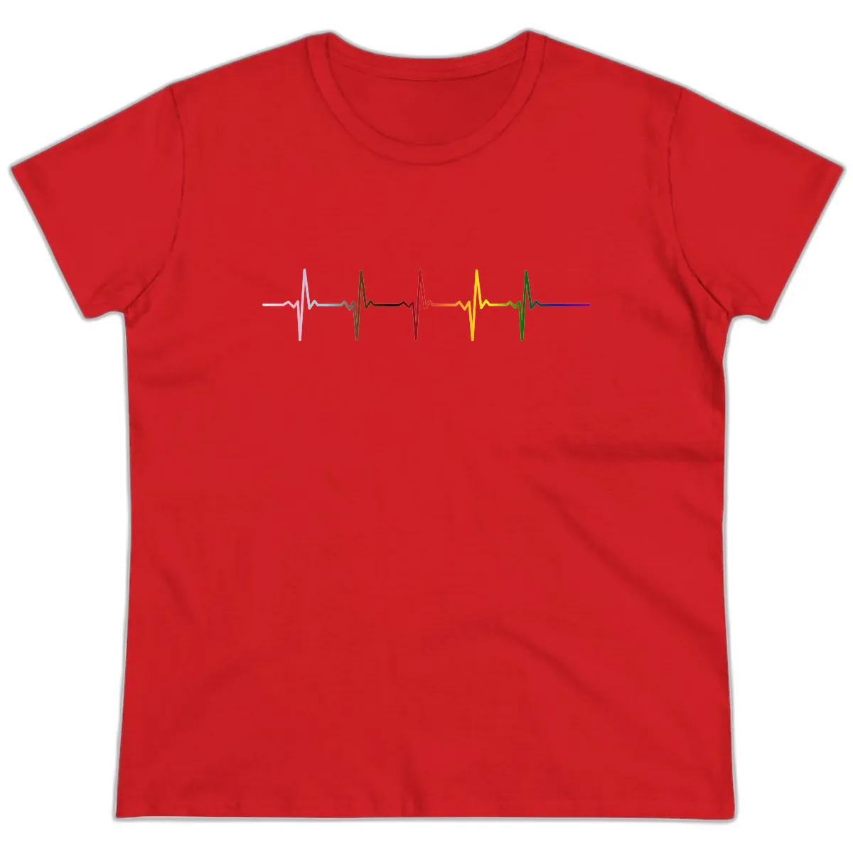 Rainbow Heartbeat Pride Pulse Ladies Tee in Red