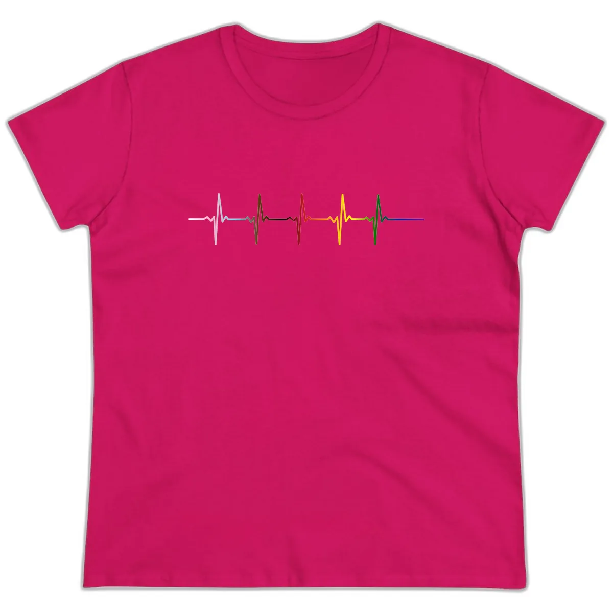 Rainbow Heartbeat Pride Pulse Ladies Tee in Heliconia