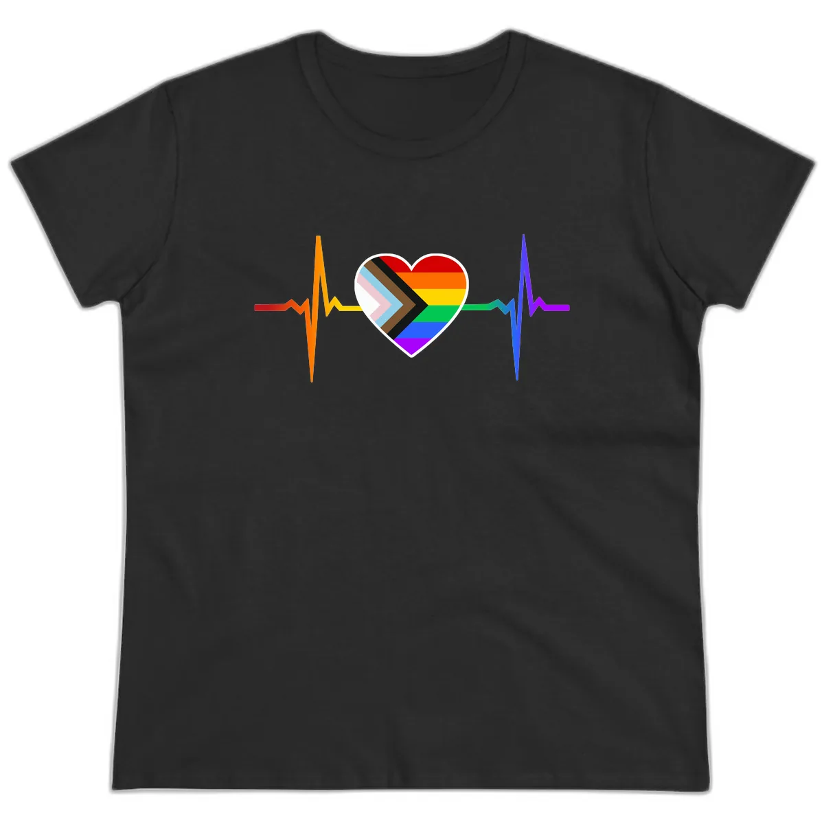 Progress Pride Heartbeat Ladies Tee in Black