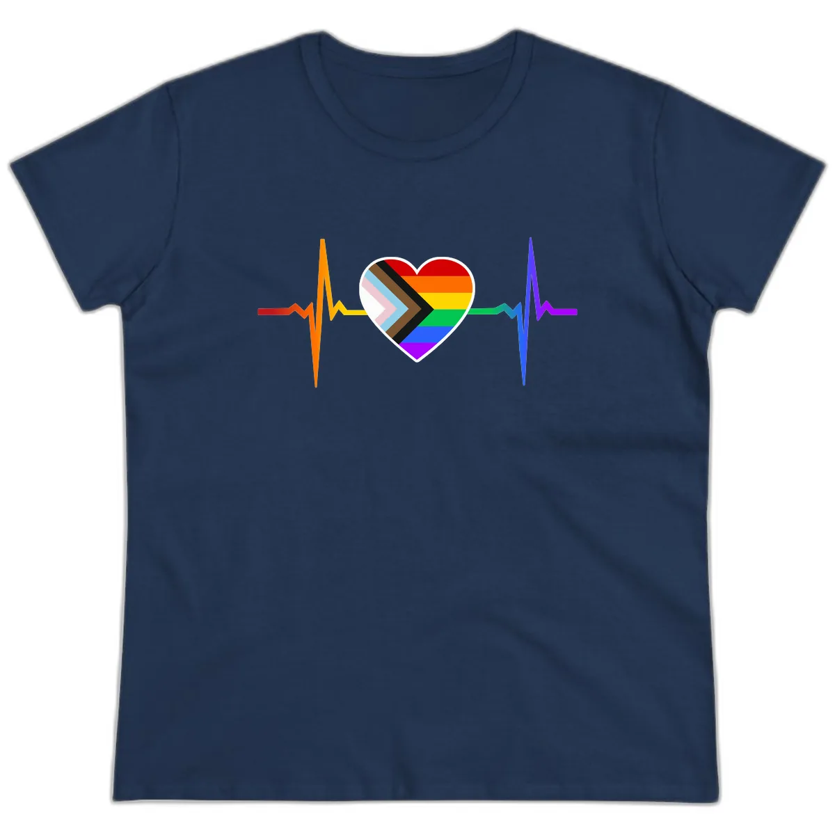 Progress Pride Heartbeat Ladies Tee in Navy