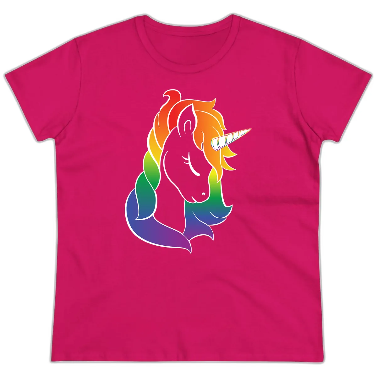 Rainbow Pride Unicorn Ladies Tee in Heliconia