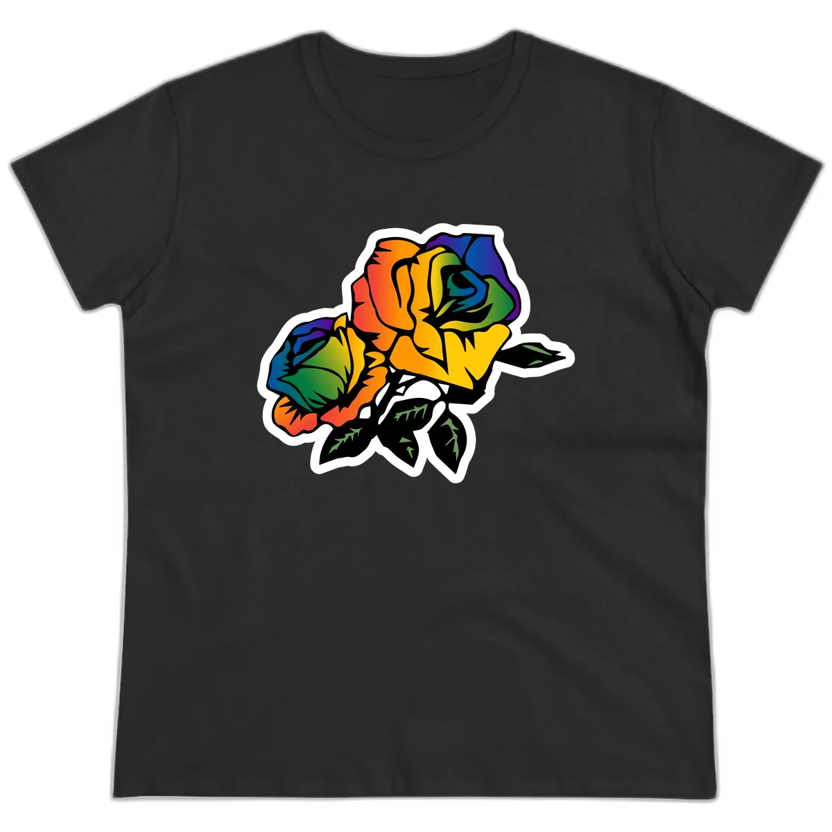 Rainbow Pride Rose Ladies Tee in Black
