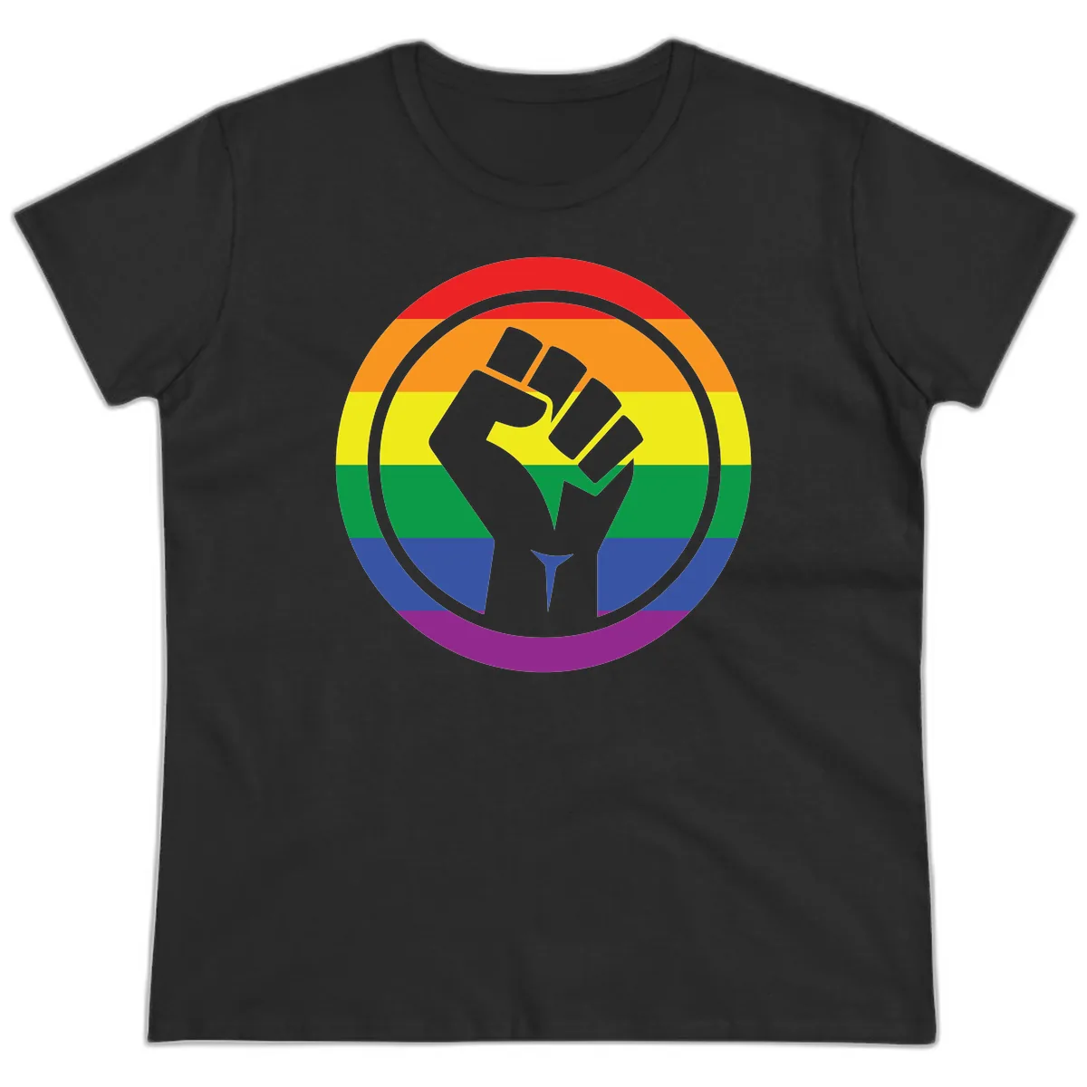 Pride Fist Circle Rainbow Ladies Tee in Black