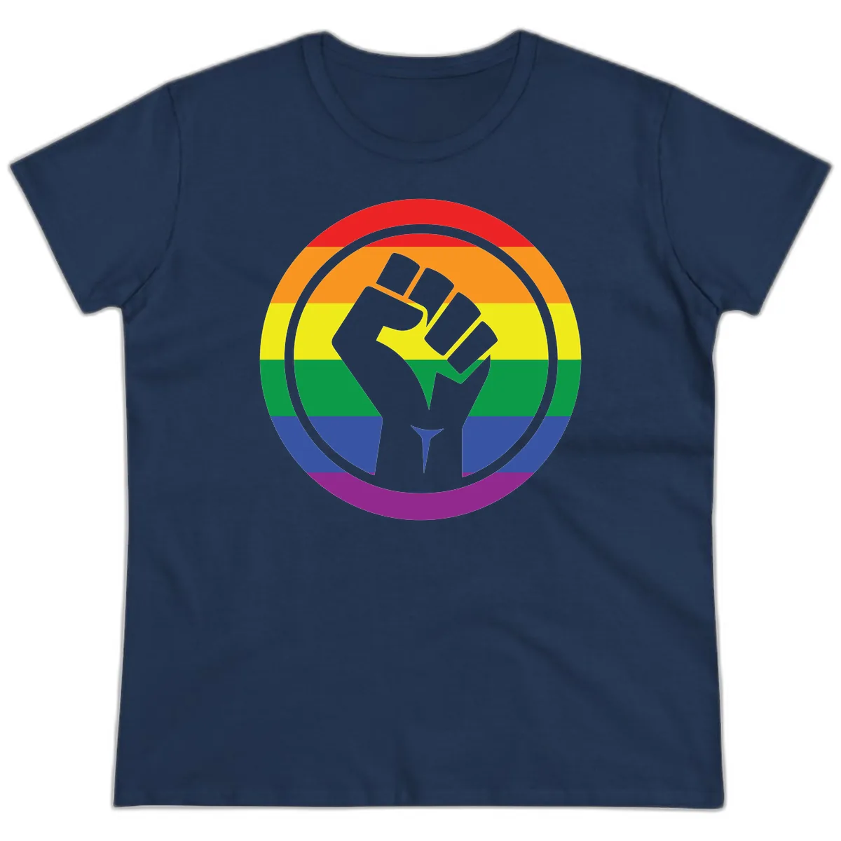 Pride Fist Circle Rainbow Ladies Tee in Navy