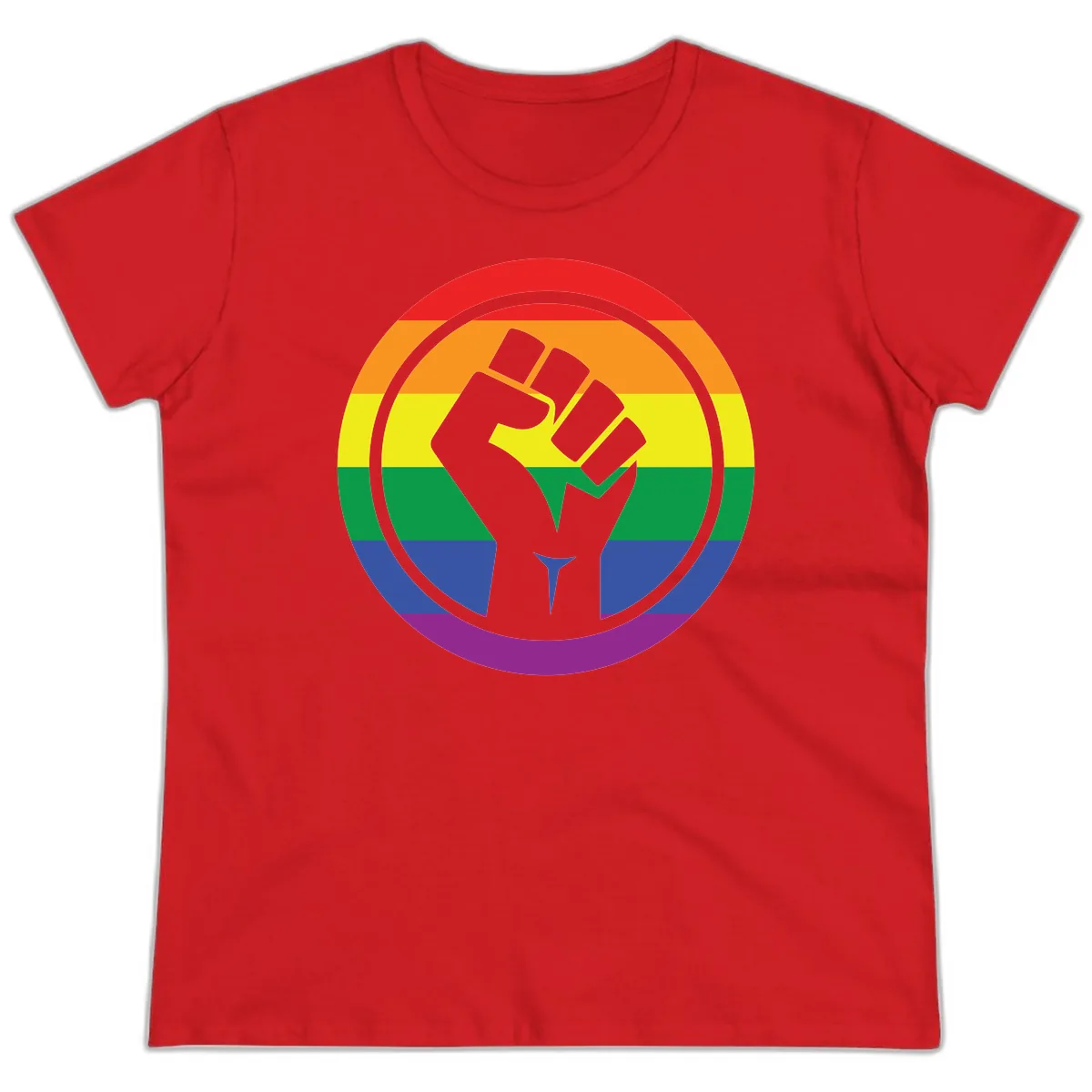 Pride Fist Circle Rainbow Ladies Tee in Red