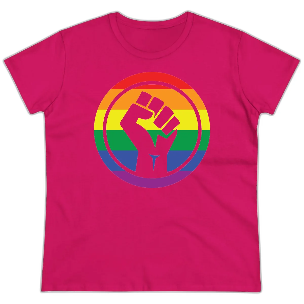 Pride Fist Circle Rainbow Ladies Tee in Heliconia