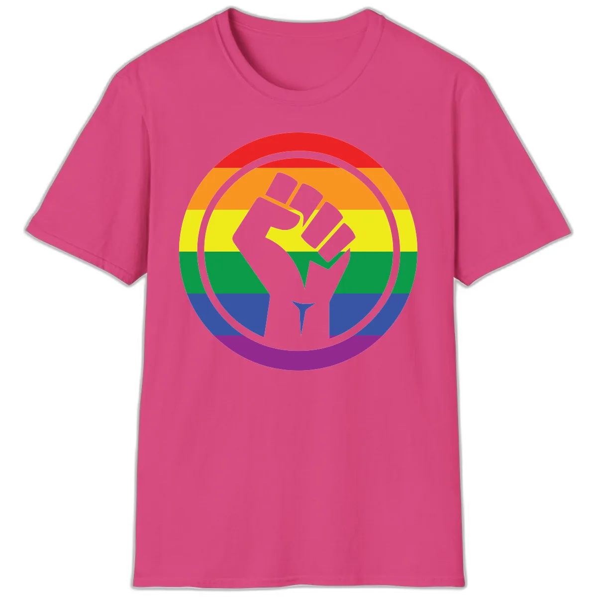Pride Fist Circle Rainbow T-Shirt in Heliconia