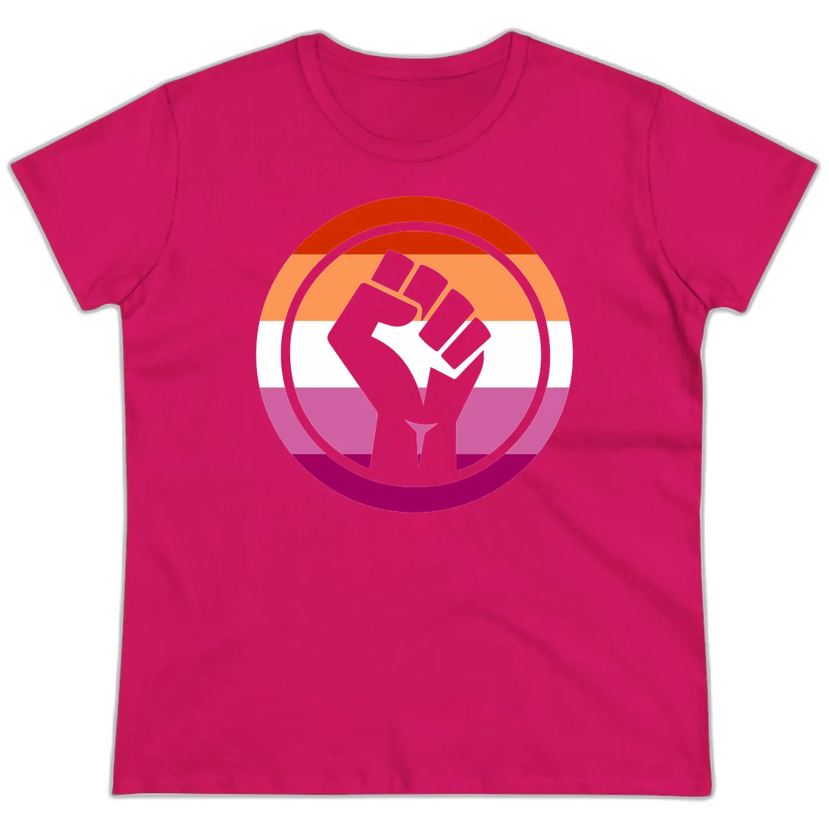 Rainbow Pride Fist Power Ladies Tee in Heliconia