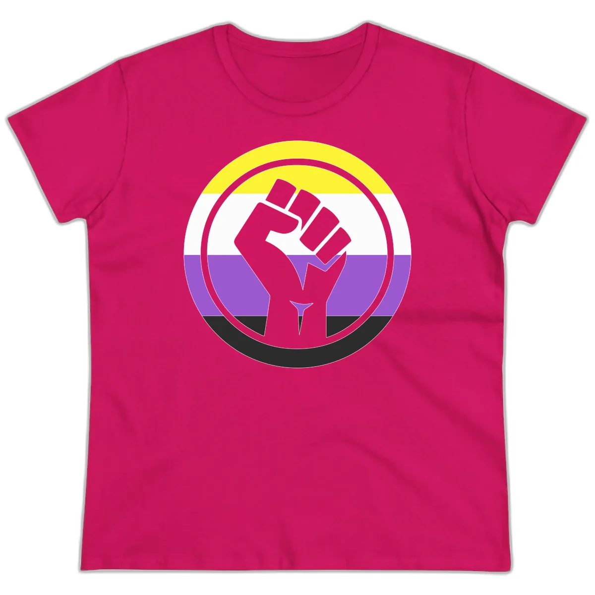 Nonbinary Pride Fist Power Ladies Tee in Heliconia