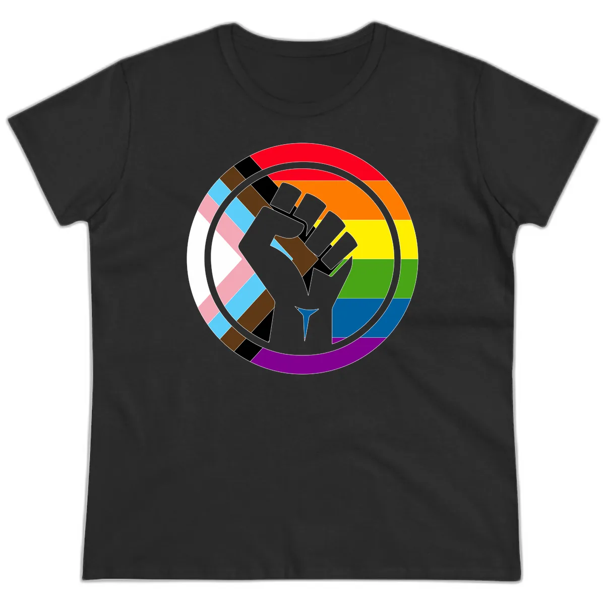 Rainbow Pride Fist Unity Ladies Tee in Black