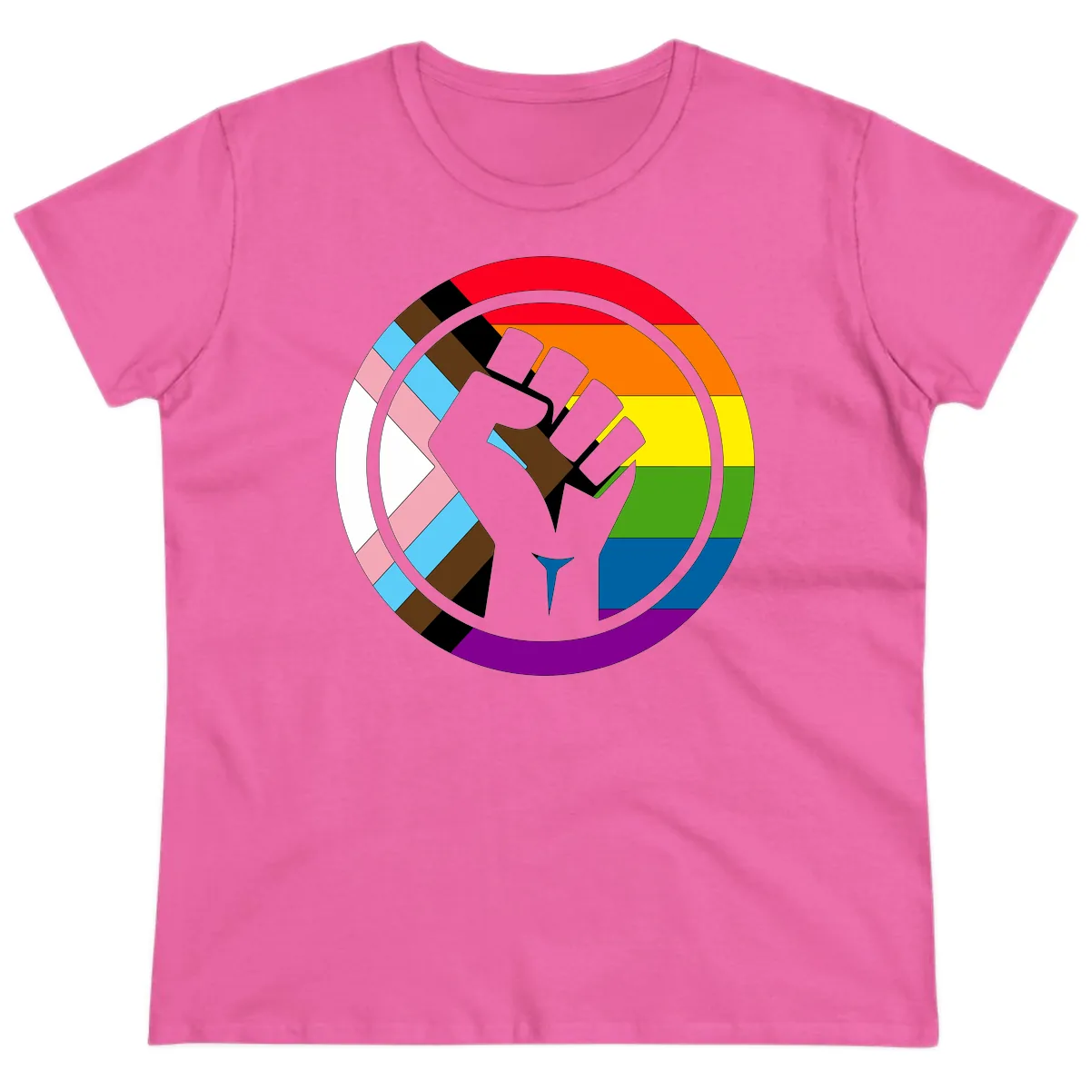 Rainbow Pride Fist Unity Ladies Tee in Azalea