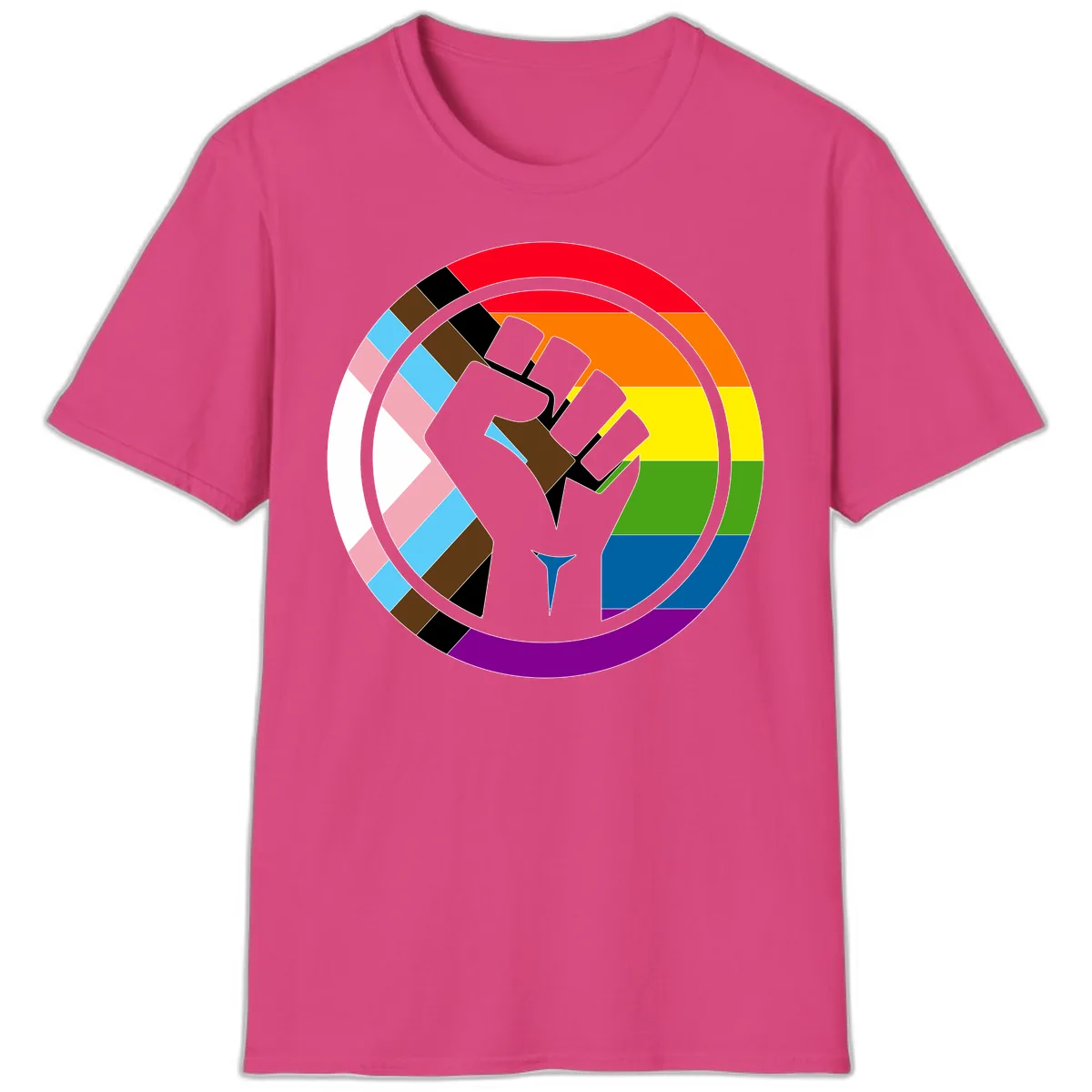 Rainbow Pride Fist Unity T-Shirt in Heliconia