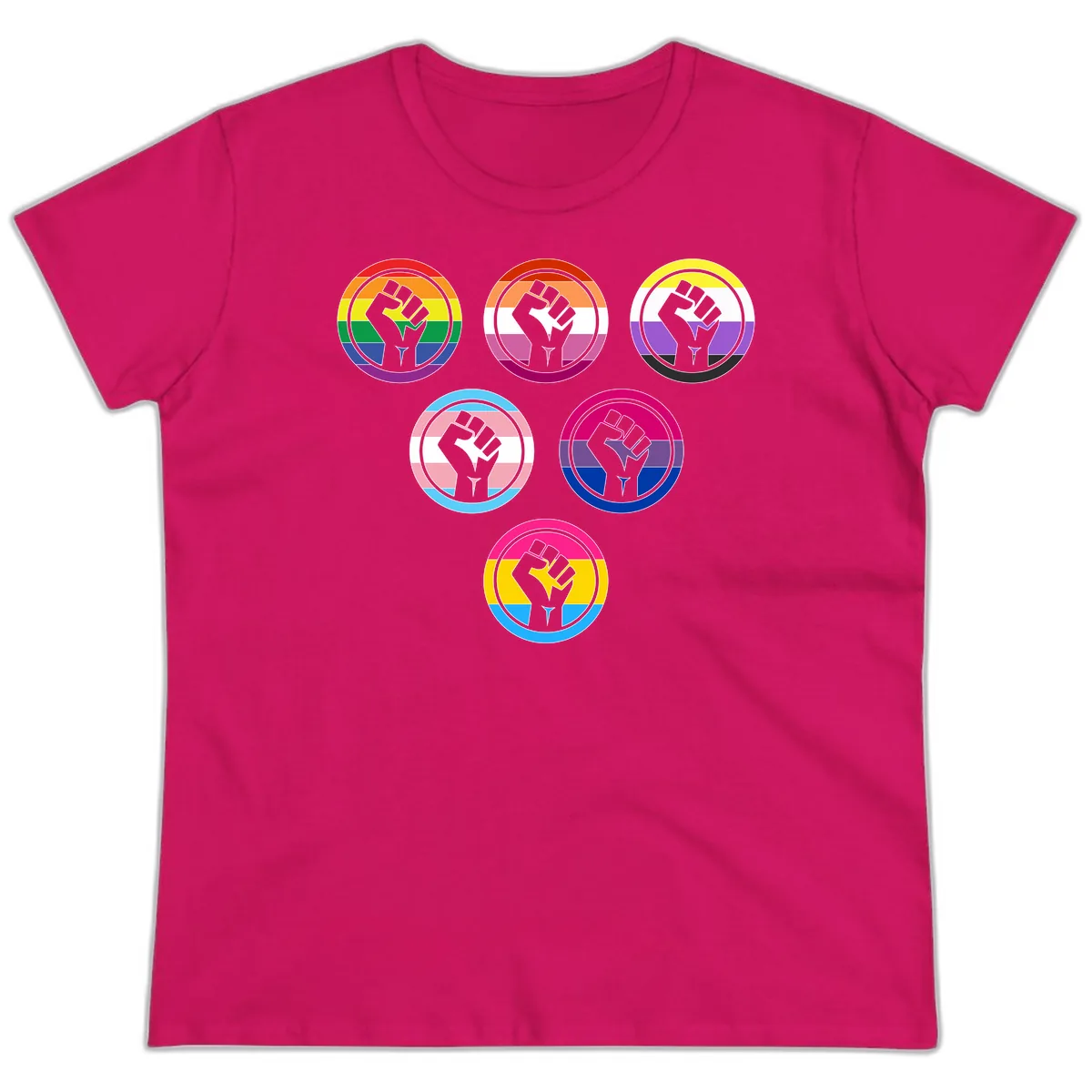 Raised Fist Pride Flag Collection Ladies Tee in Heliconia