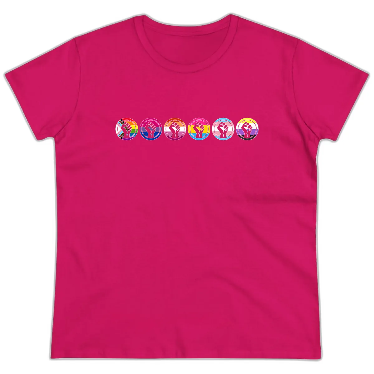 Pride Fist Unity Circle Ladies Tee in Heliconia