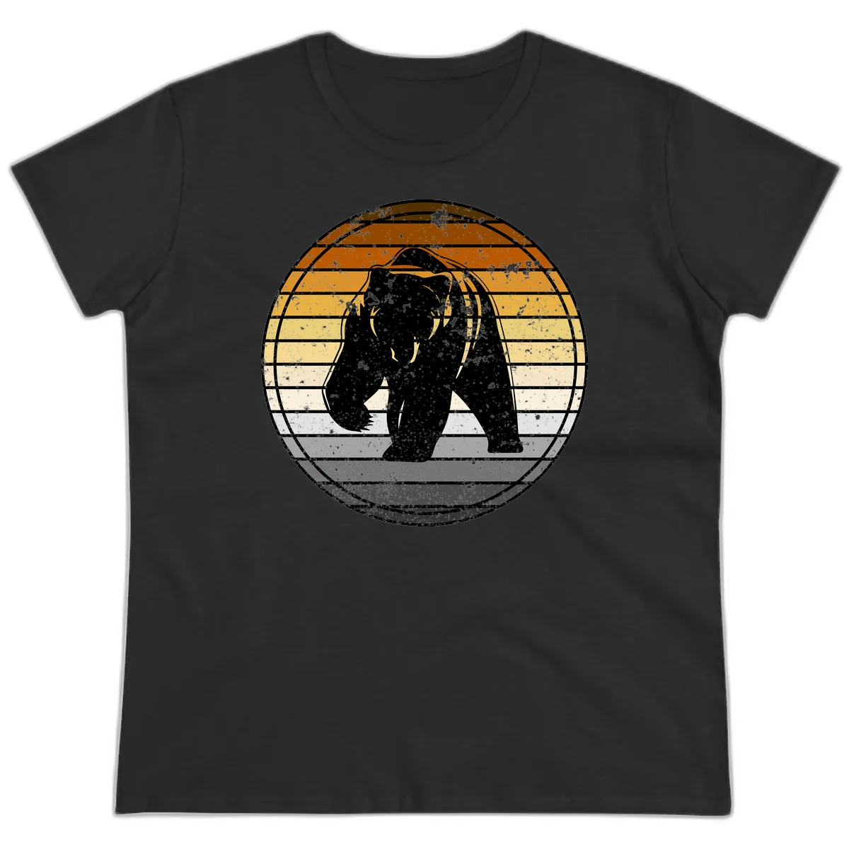 Bear Sunset Retro Stripes Ladies Tee in Black