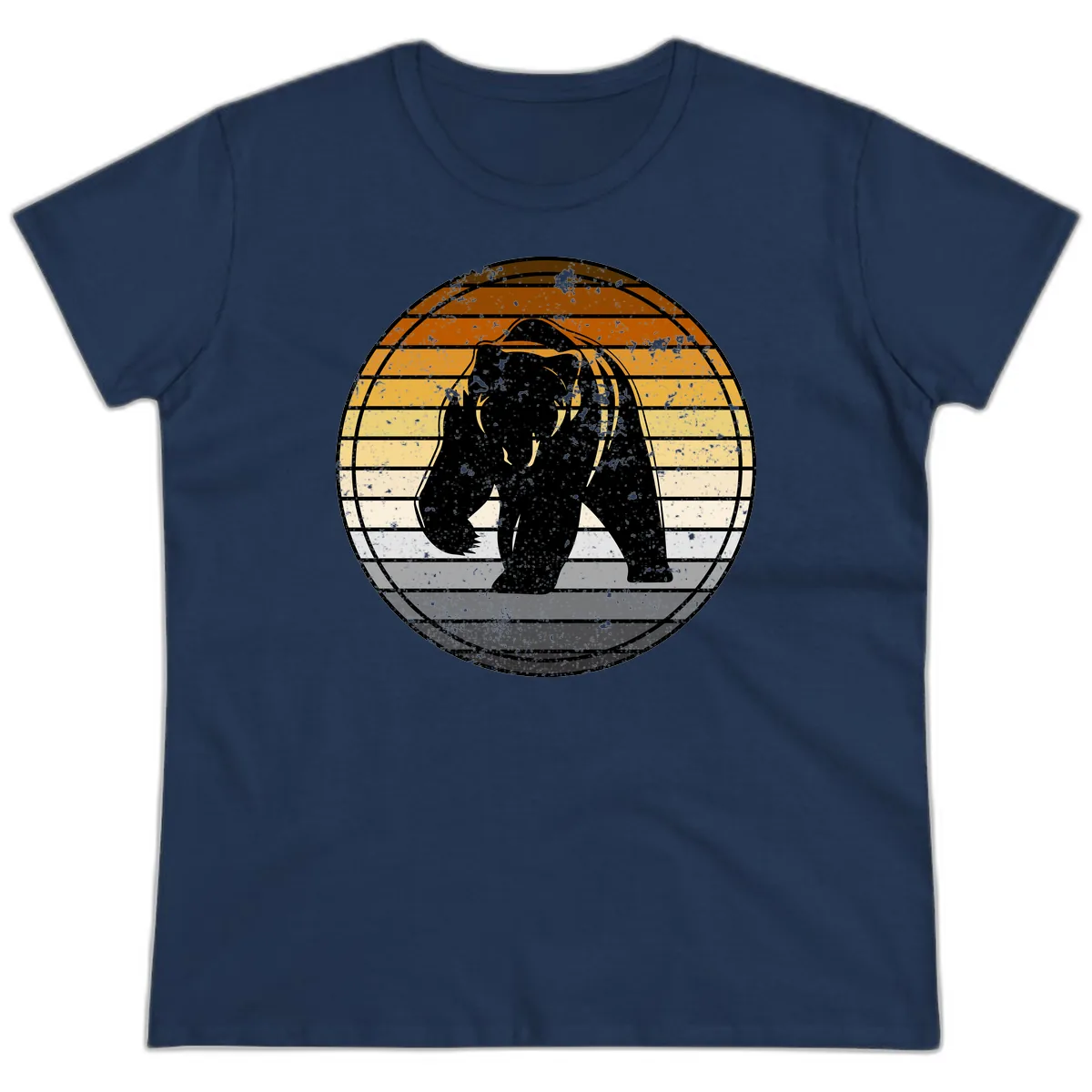 Bear Sunset Retro Stripes Ladies Tee in Navy
