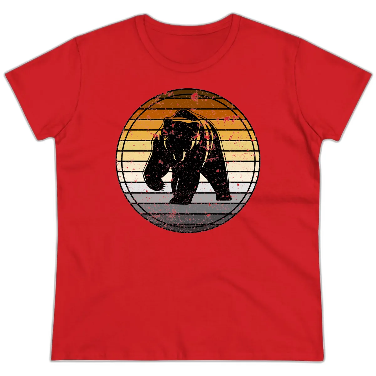 Bear Sunset Retro Stripes Ladies Tee in Red
