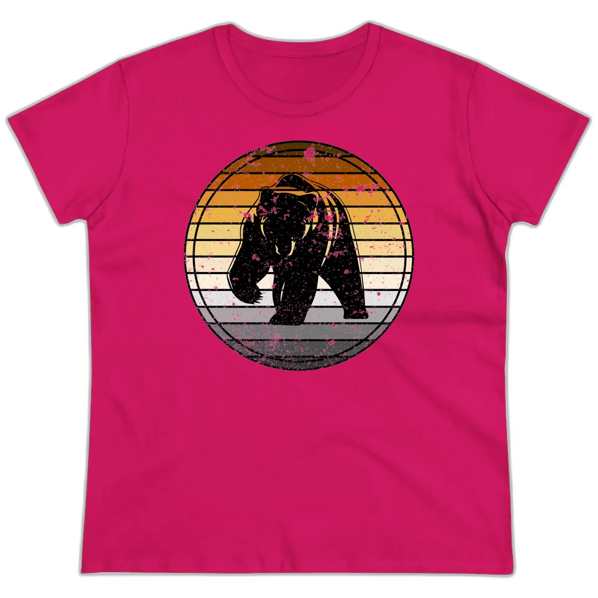 Bear Sunset Retro Stripes Ladies Tee in Heliconia