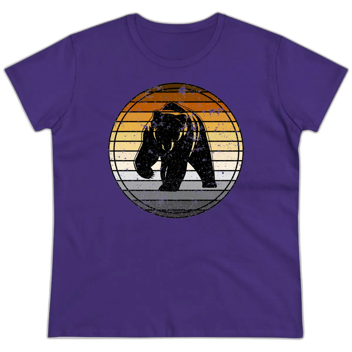 Bear Sunset Retro Stripes Ladies Tee in Purple