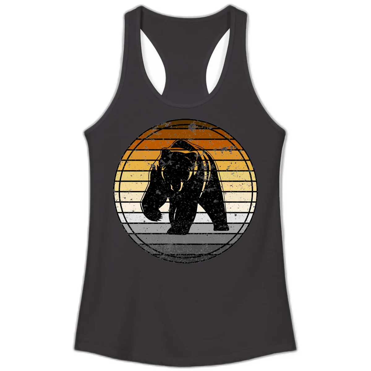 Bear Sunset Retro Stripes Ladies Tank in Black