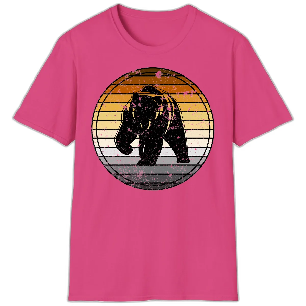 Bear Sunset Retro Stripes T-Shirt in Heliconia