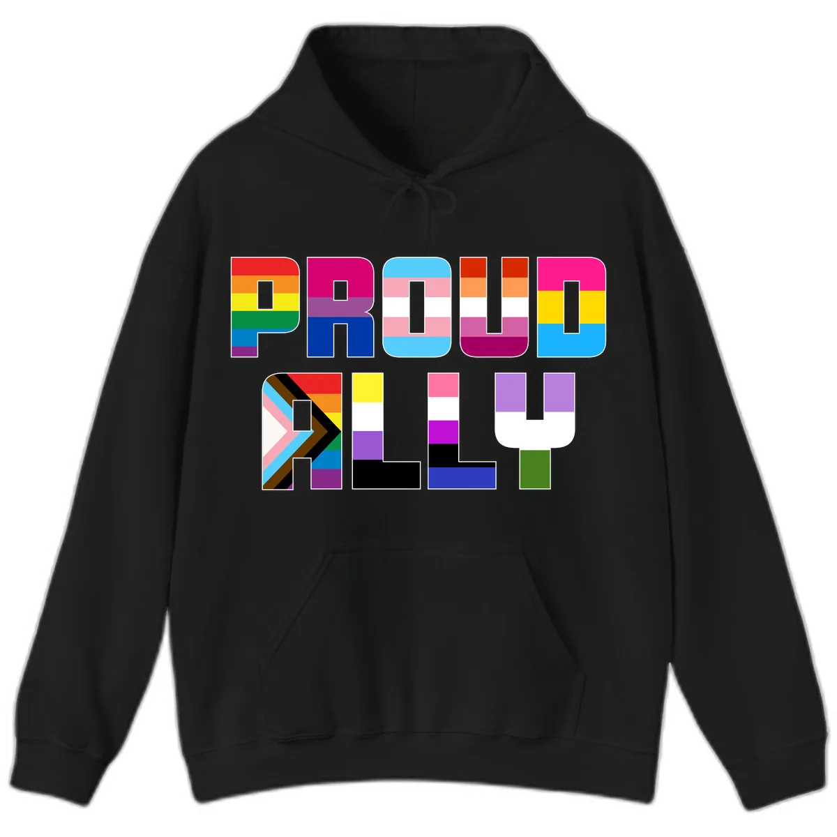 Pride Flag Letters Alphabet Design Hoodie in Black