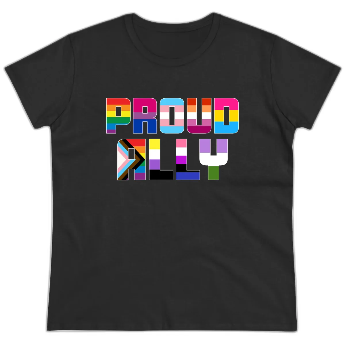 Pride Flag Letters Alphabet Design Ladies Tee in Black