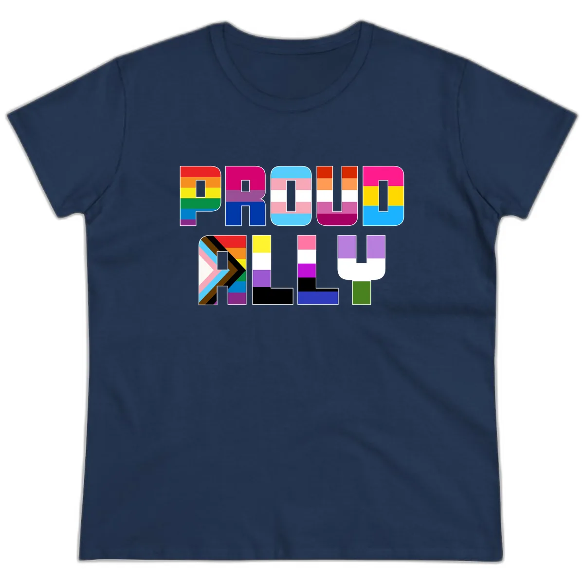 Pride Flag Letters Alphabet Design Ladies Tee in Navy