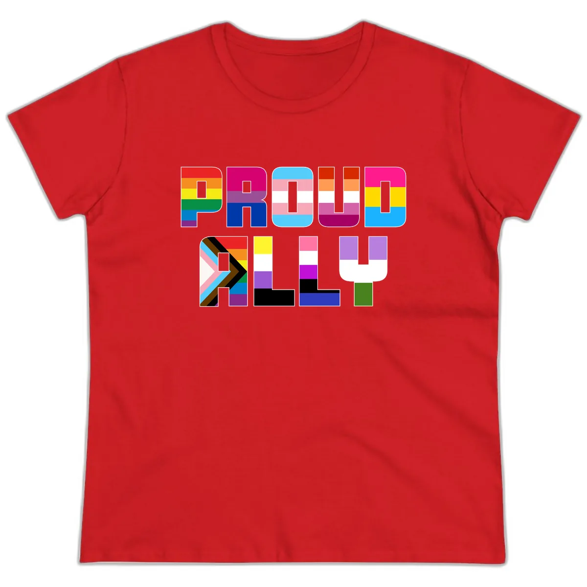 Pride Flag Letters Alphabet Design Ladies Tee in Red