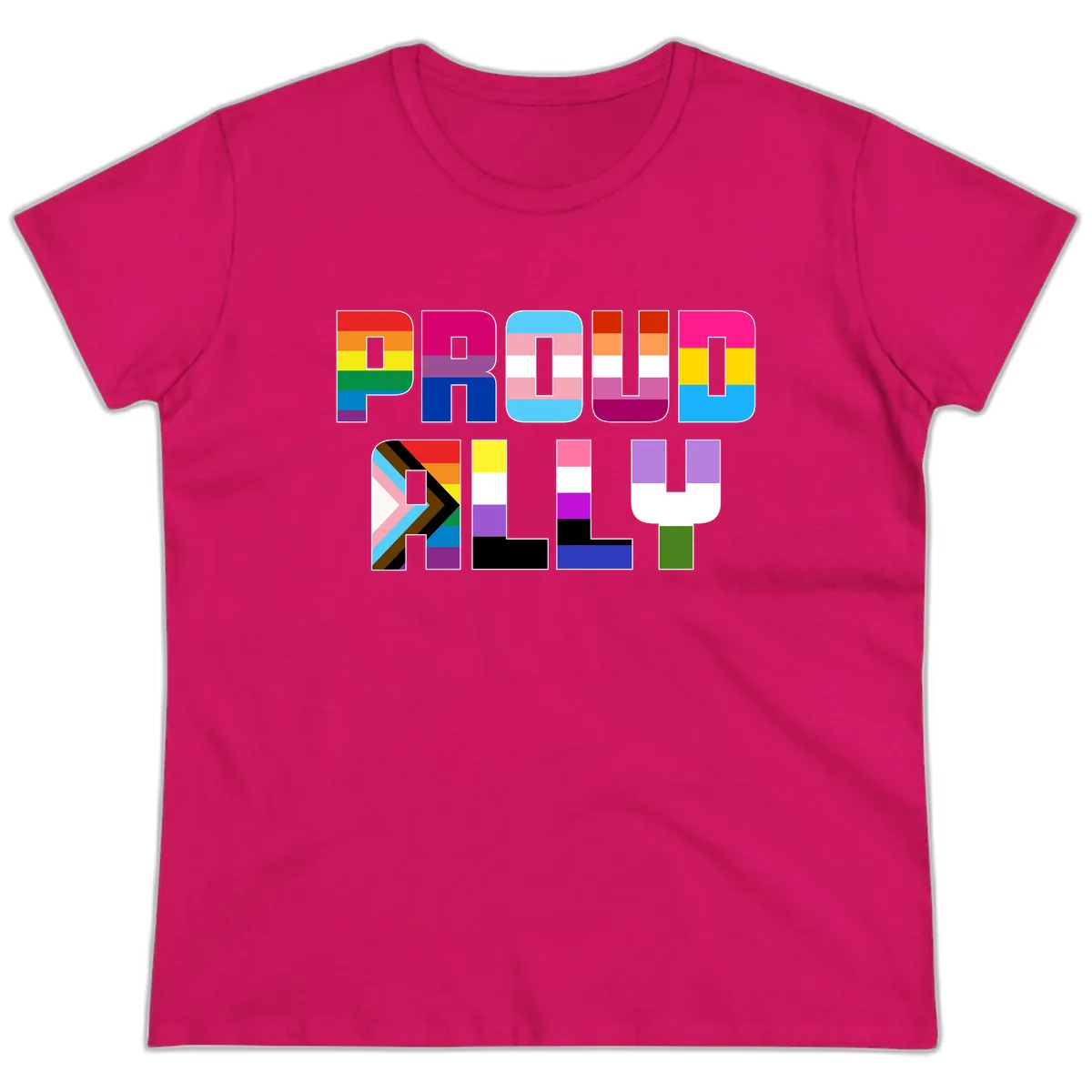 Pride Flag Letters Alphabet Design Ladies Tee in Heliconia