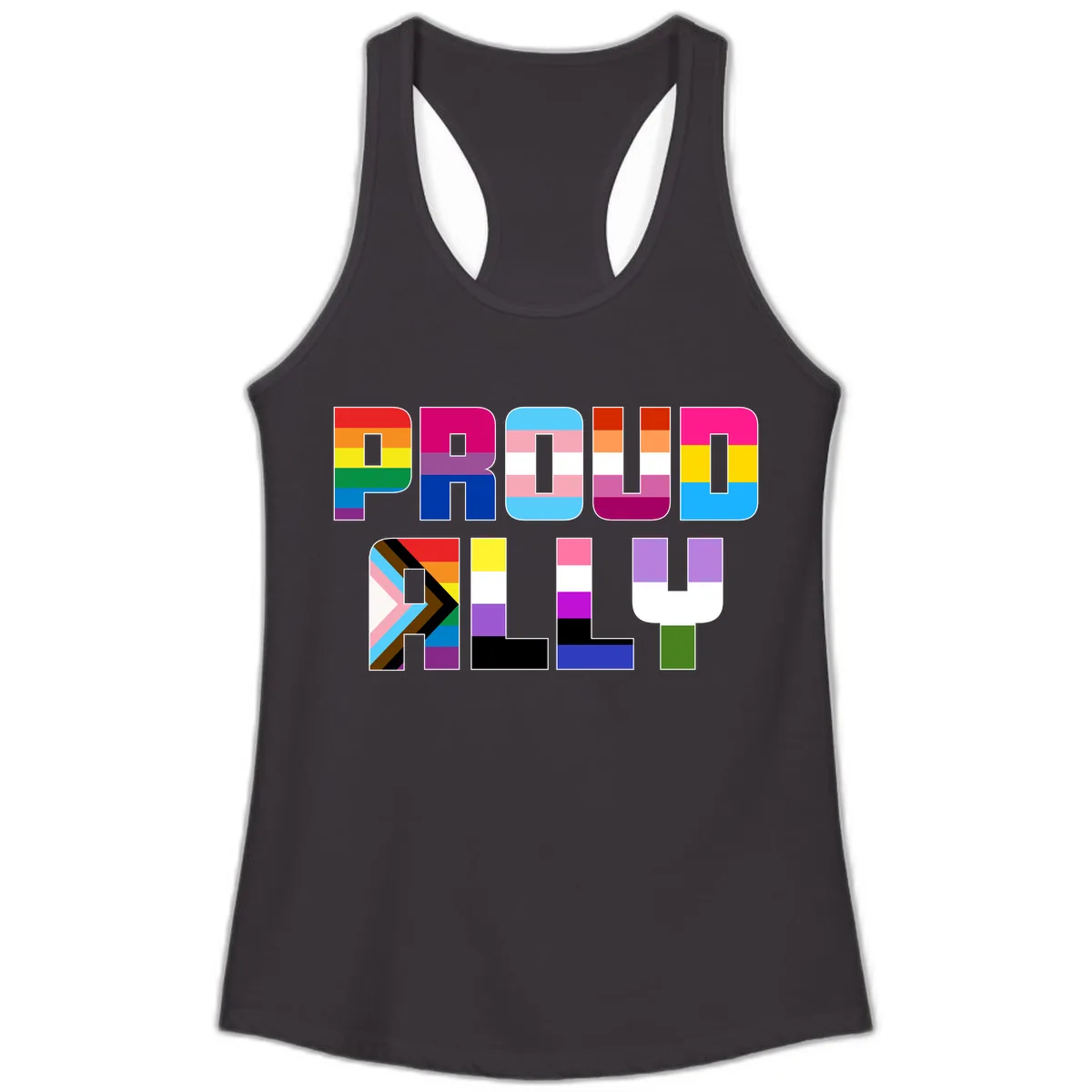 Pride Flag Letters Alphabet Design Ladies Tank in Black