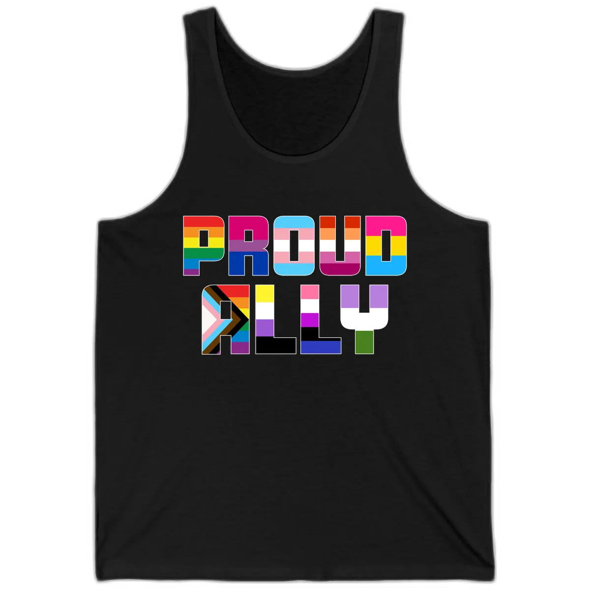 Pride Flag Letters Alphabet Design Tank in Black