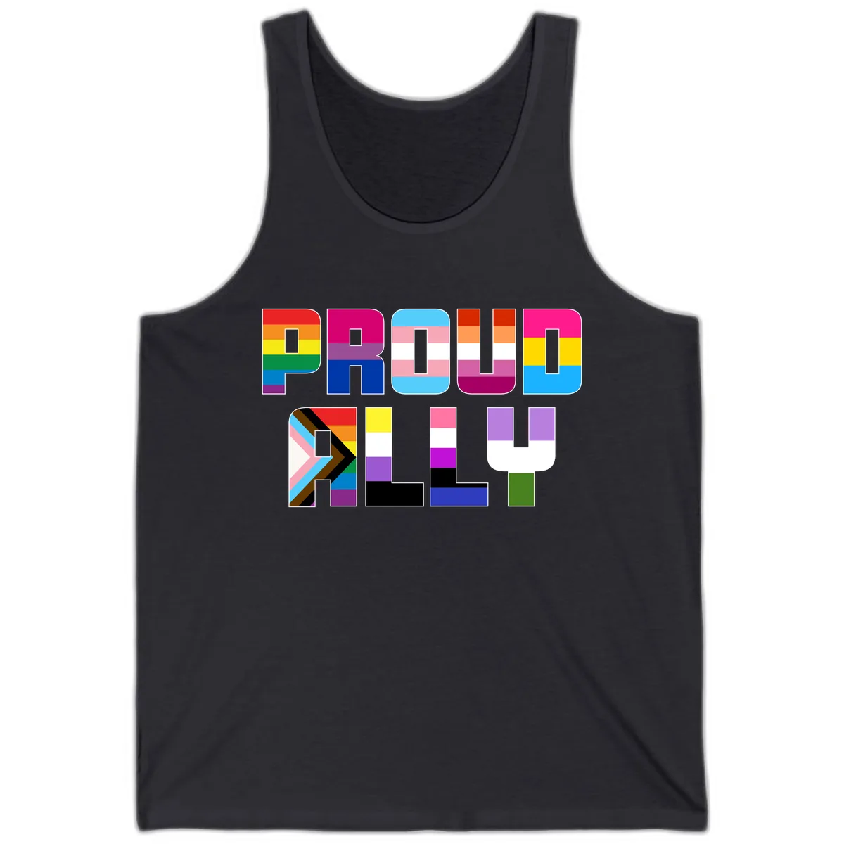 Pride Flag Letters Alphabet Design Tank in Dark Grey