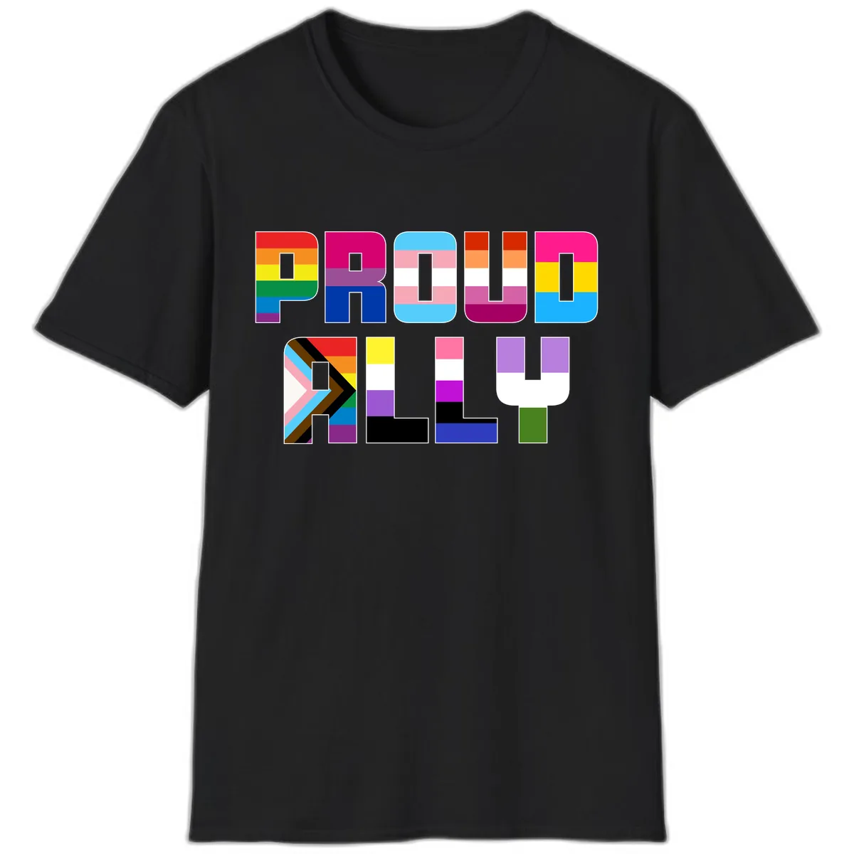 Pride Flag Letters Alphabet Design T-Shirt in Black