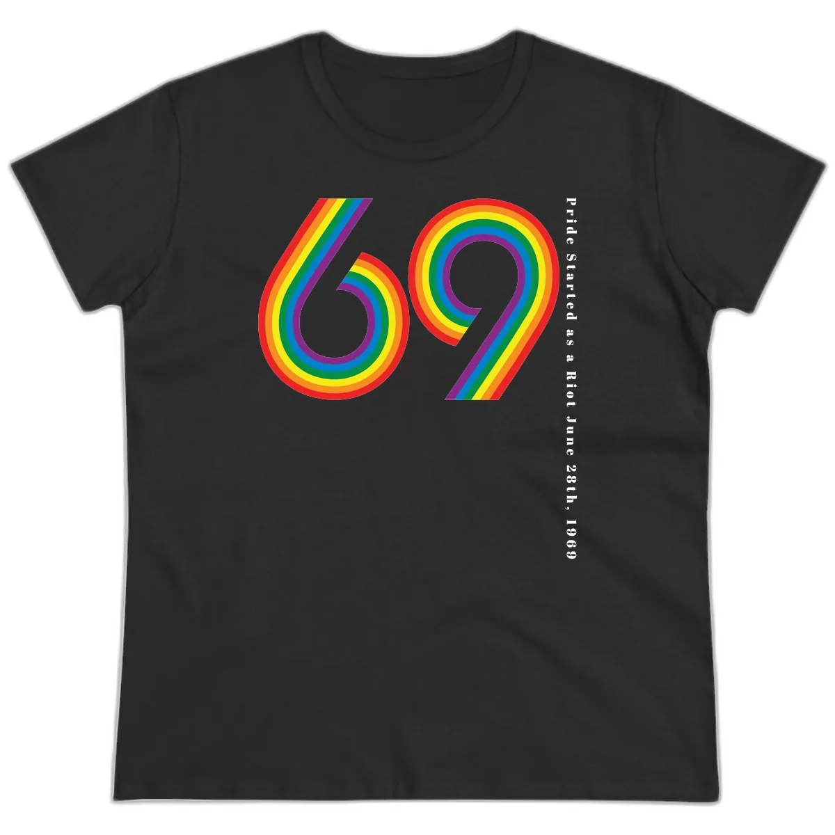 Pride 69 Rainbow Stripes Ladies Tee in Black