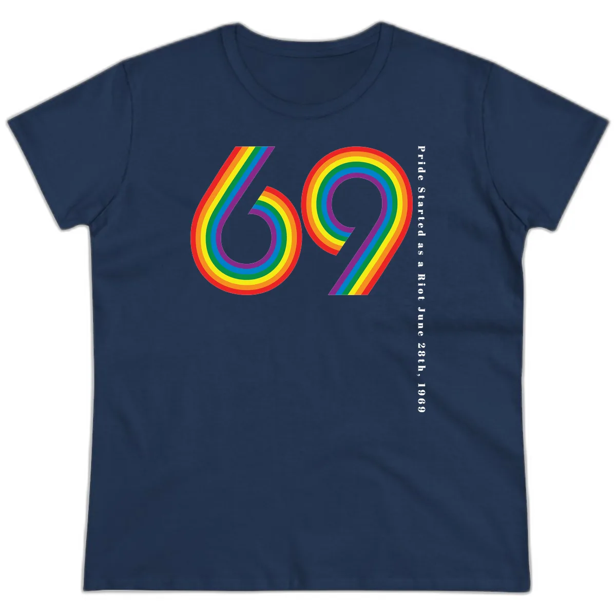 Pride 69 Rainbow Stripes Ladies Tee in Navy