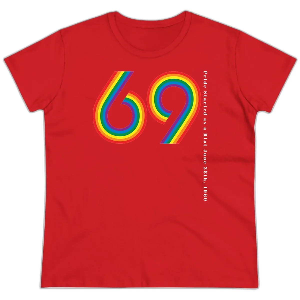 Pride 69 Rainbow Stripes Ladies Tee in Red