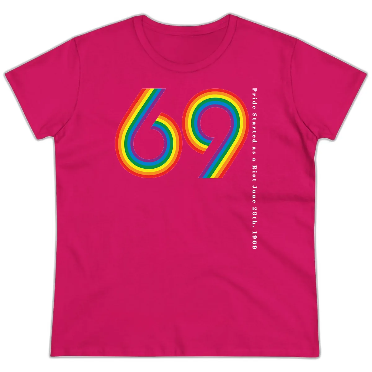 Pride 69 Rainbow Stripes Ladies Tee in Heliconia