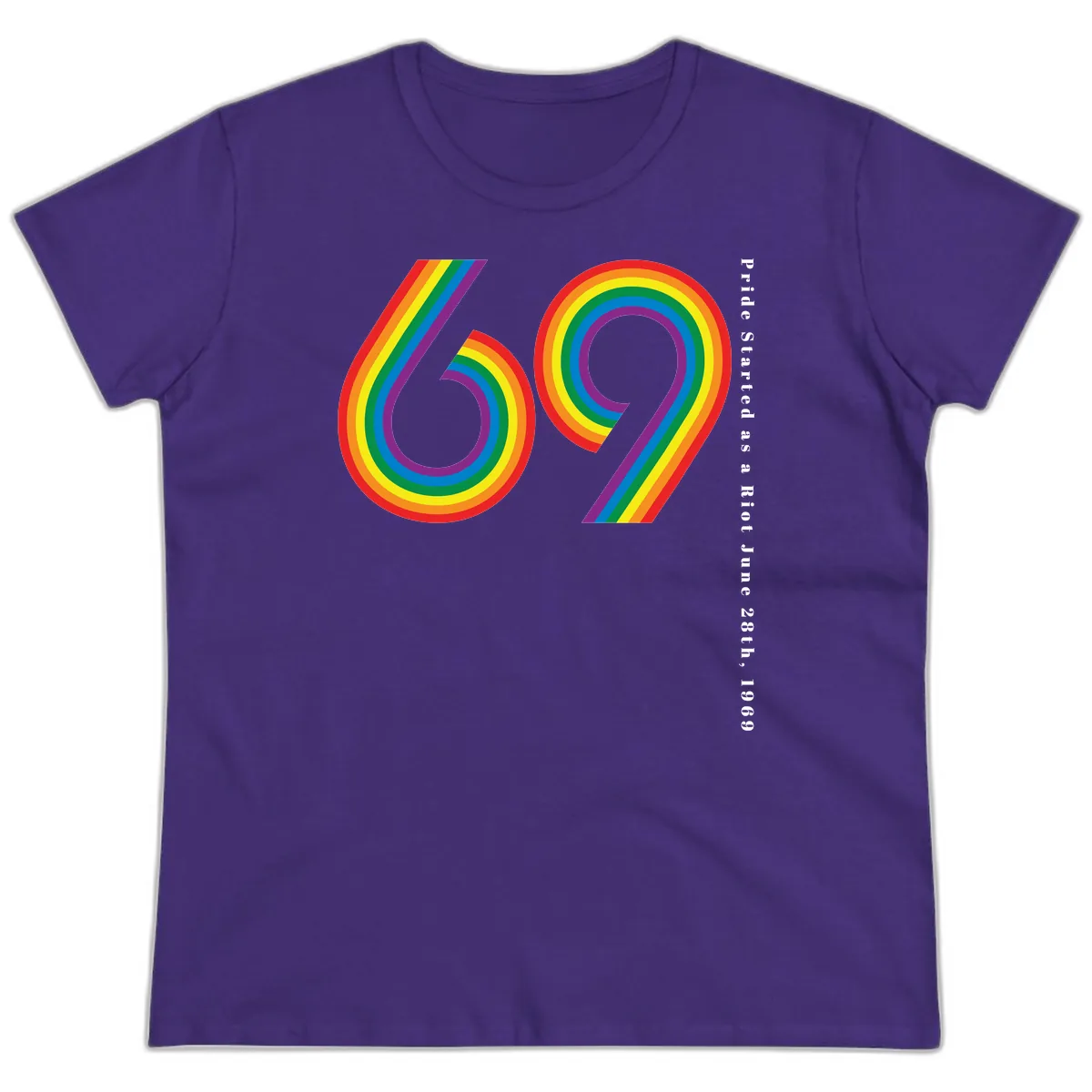 Pride 69 Rainbow Stripes Ladies Tee in Purple