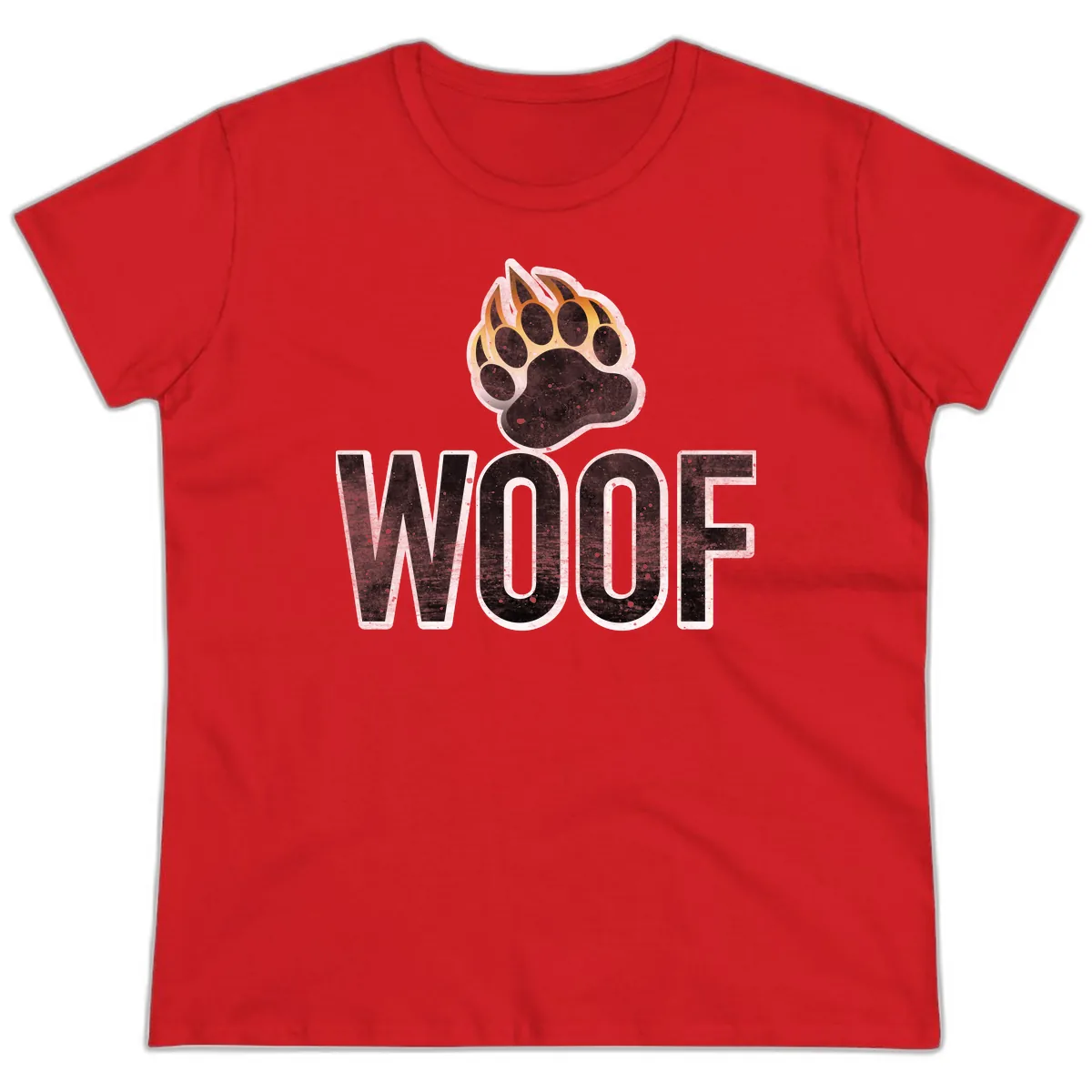 Woof Paw Print Design Ladies Tee in Red