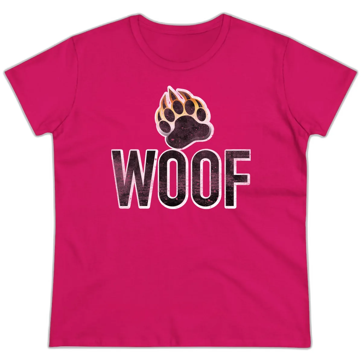Woof Paw Print Design Ladies Tee in Heliconia