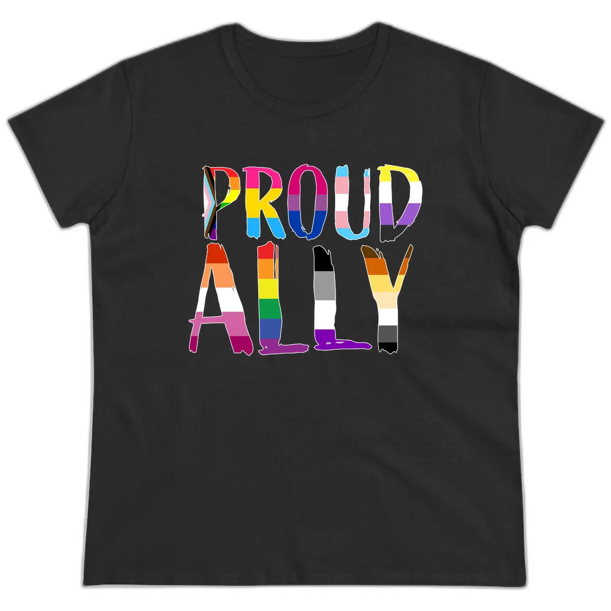 Proud Rainbow Letters Ladies Tee in Black